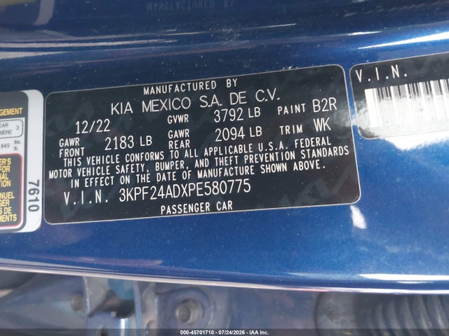 Продажа на аукционе авто 2023 Kia Forte Lxs, vin: 3KPF24ADXPE580775, номер лота: 45701710