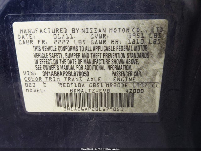 2011 Nissan Sentra 2.0s მანქანა იყიდება აუქციონზე, vin: 3N1AB6AP2BL679050, აუქციონის ნომერი: 45701715