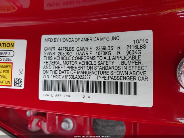 1HGCV1F33LA022337 Honda Accord Sport
