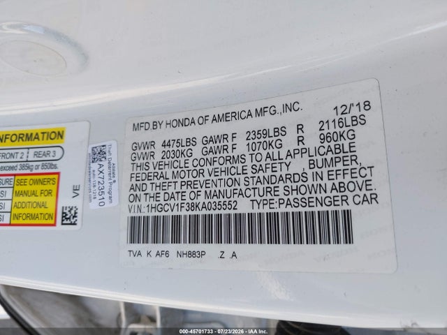 1HGCV1F38KA035552 Honda Accord Sport