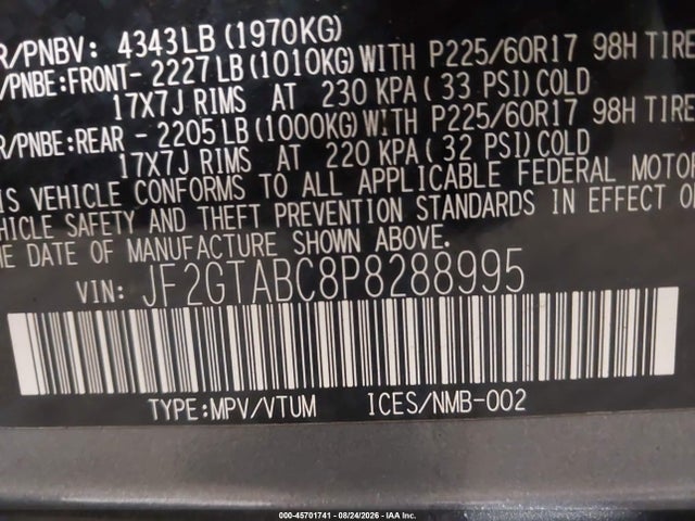 45701741 :رقم المزاد ، JF2GTABC8P8288995 vin ، 2023 Subaru Crosstrek مزاد بيع