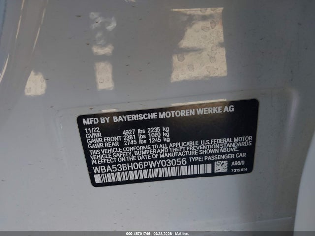 2023 Bmw 530 I მანქანა იყიდება აუქციონზე, vin: WBA53BH06PWY03056, აუქციონის ნომერი: 45701746
