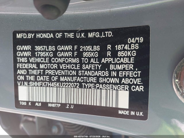 45701749 :رقم المزاد ، SHHFK7H45KU222072 vin ، 2019 Honda Civic Sport مزاد بيع