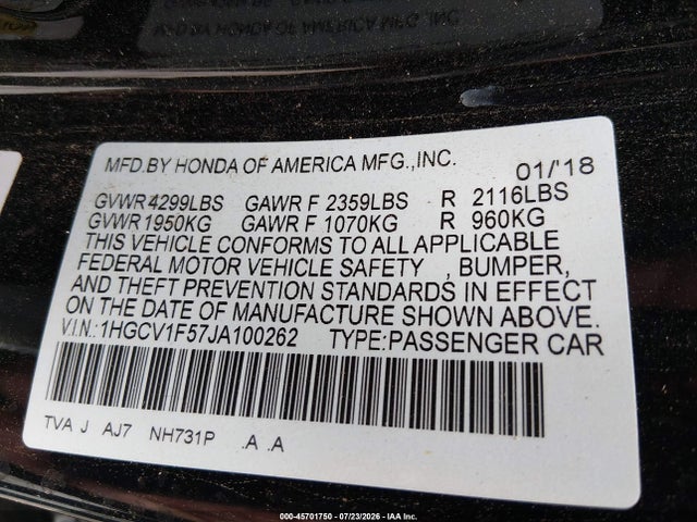 Honda Accord Ex-l 2018 1HGCV1F57JA100262 Image 9