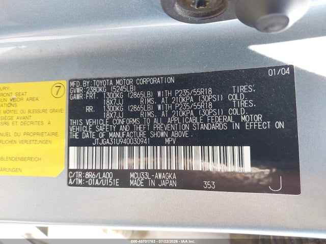 Aukcja sprzedaży 2004 Lexus Rx 330, vin: JTJGA31U940030941, numer aukcji: 45701763