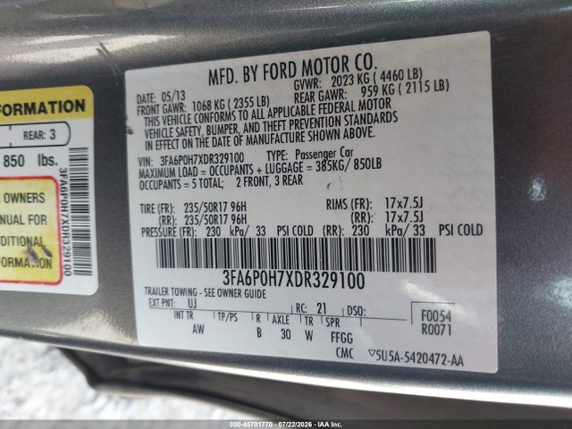 Aukcja sprzedaży 2013 Ford Fusion Se, vin: 3FA6P0H7XDR329100, numer aukcji: 45701770