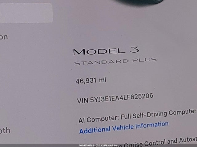 45701785 :رقم المزاد ، 5YJ3E1EA4LF625206 vin ، 2020 Tesla Model 3 Standard Range Plus Rear-wheel Drive/standard Range Rear-wheel Drive مزاد بيع