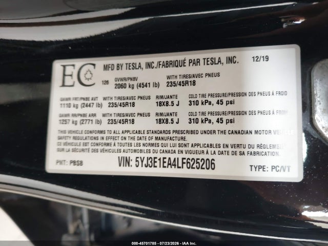 45701785 :رقم المزاد ، 5YJ3E1EA4LF625206 vin ، 2020 Tesla Model 3 Standard Range Plus Rear-wheel Drive/standard Range Rear-wheel Drive مزاد بيع