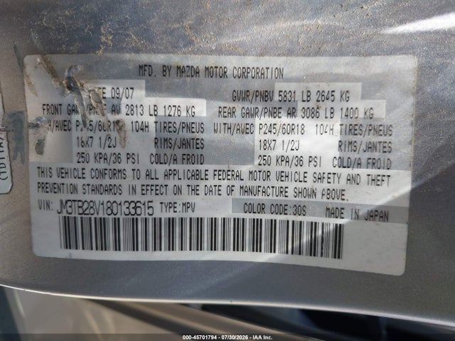 Aukcja sprzedaży 2008 Mazda Cx-9 Touring, vin: JM3TB28V180133615, numer aukcji: 45701794