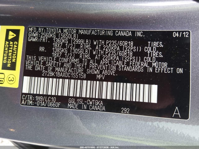 Продаж на аукціоні авто 2013 Lexus Rx 350, vin: 2T2BK1BAXDC155158, номер лоту: 45701800