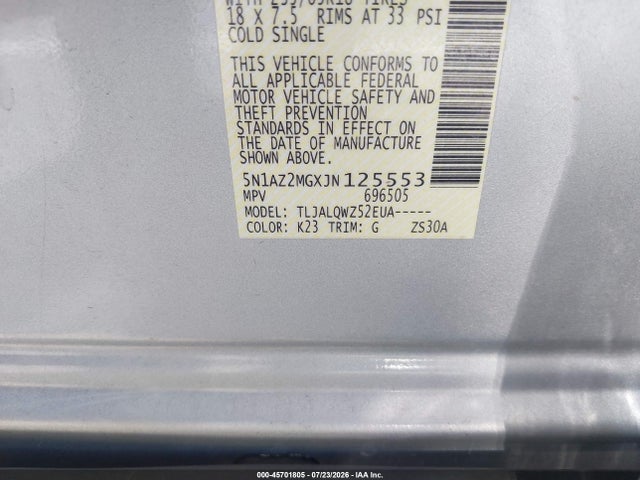 Продаж на аукціоні авто 2018 Nissan Murano Sv, vin: 5N1AZ2MGXJN125553, номер лоту: 45701805