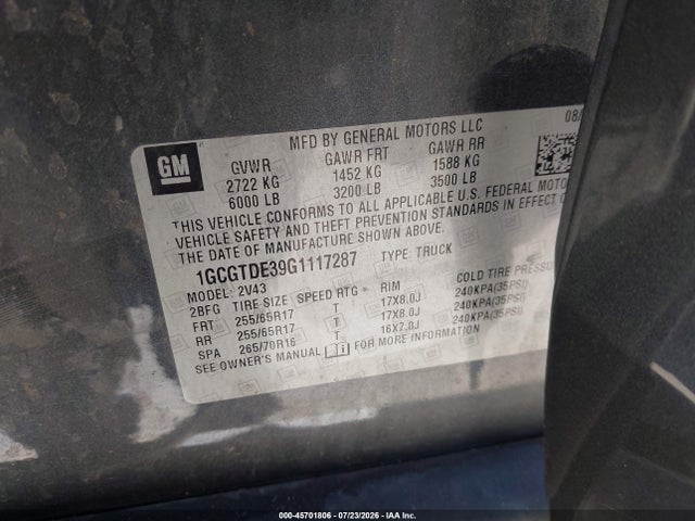 Aukcja sprzedaży 2016 Chevrolet Colorado 4wd Z71, vin: 1GCGTDE39G1117287, numer aukcji: 45701806