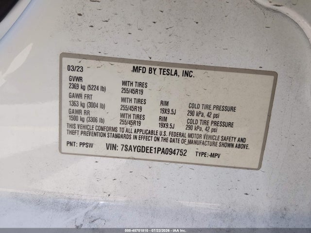 45701810 :رقم المزاد ، 7SAYGDEE1PA094752 vin ، 2023 Tesla Model Y Awd/long Range Dual Motor All-wheel Drive مزاد بيع