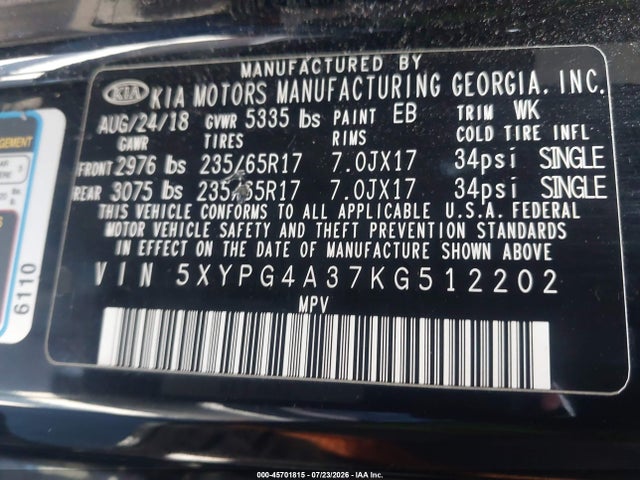 KIA Sorento 2.4l Lx 2019 5XYPG4A37KG512202 Image 9