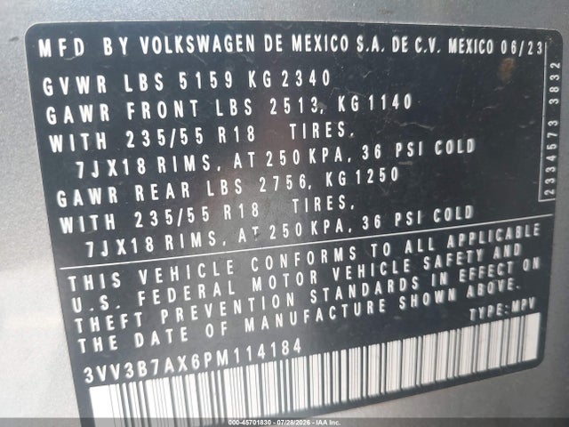 3VV3B7AX6PM114184 Volkswagen Tiguan 2.0t Se