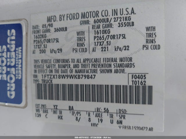 Продажа на аукционе авто 1998 Ford F-150 Lariat/standard/xl/xlt, vin: 1FTZX18W9WKB79847, номер лота: 45701832