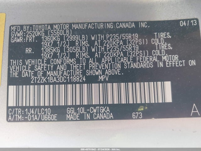 2013 Lexus Rx 350 მანქანა იყიდება აუქციონზე, vin: 2T2ZK1BA3DC118824, აუქციონის ნომერი: 45701842
