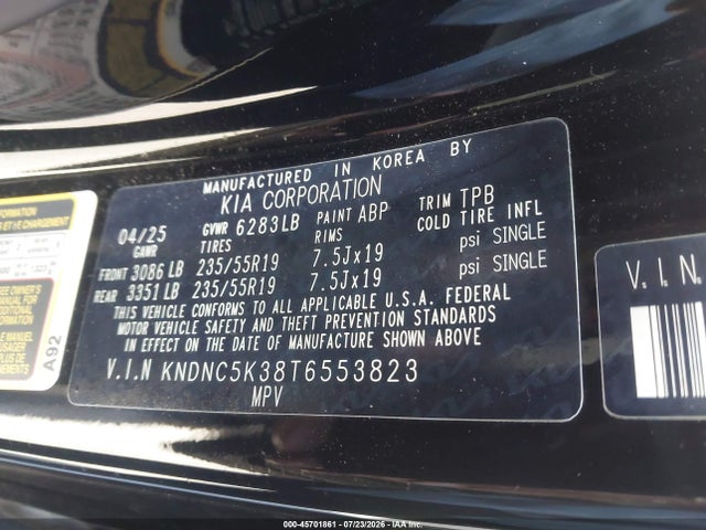 Aukcja sprzedaży 2026 Kia Carnival Mpv Ex, vin: KNDNC5K38T6553823, numer aukcji: 45701861