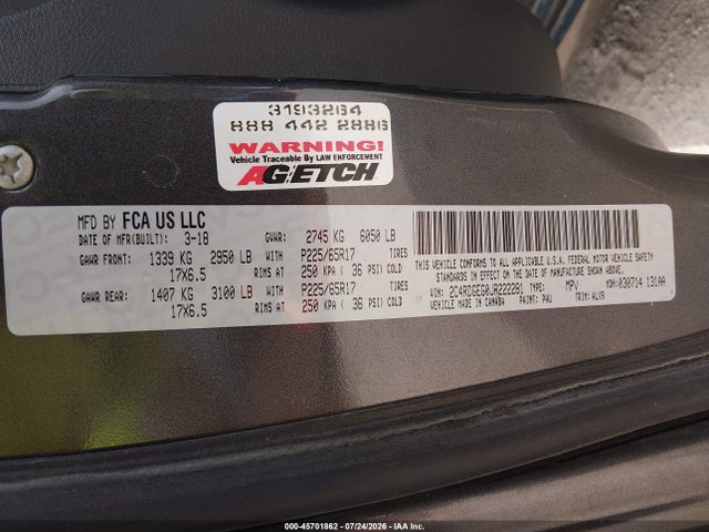 Продаж на аукціоні авто 2018 Dodge Grand Caravan Gt, vin: 2C4RDGEG0JR222281, номер лоту: 45701862