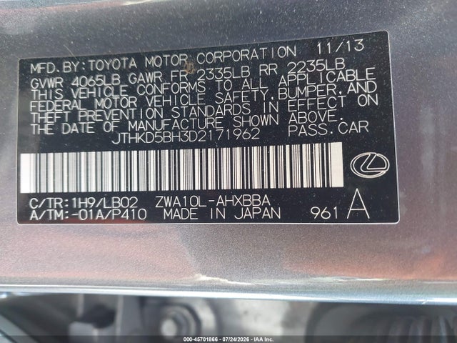 Aukcja sprzedaży 2013 Lexus Ct 200h, vin: JTHKD5BH3D2171962, numer aukcji: 45701866