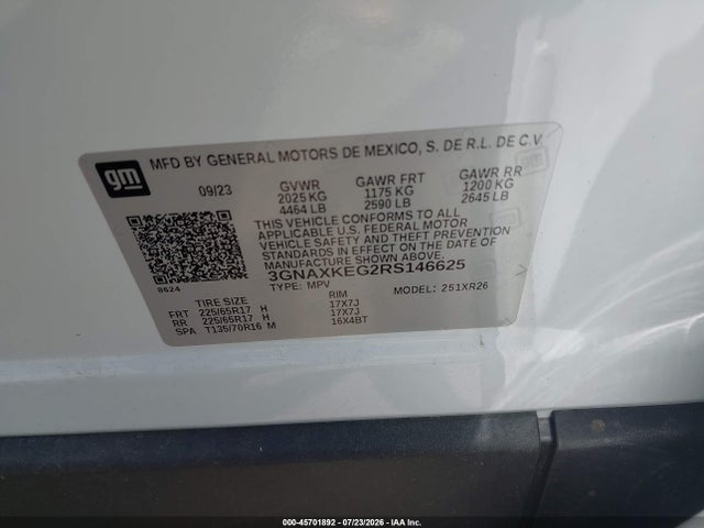 Aukcja sprzedaży 2024 Chevrolet Equinox Fwd Lt, vin: 3GNAXKEG2RS146625, numer aukcji: 45701892