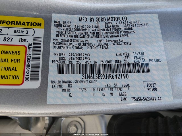 Aukcja sprzedaży 2017 Lincoln Mkz Reserve, vin: 3LN6L5E9XHR642190, numer aukcji: 45701918