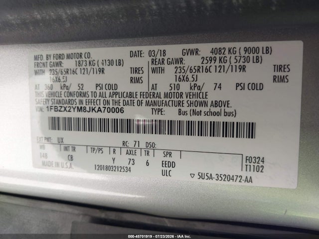 1FBZX2YM8JKA70006 Ford Transit-350 Xlt