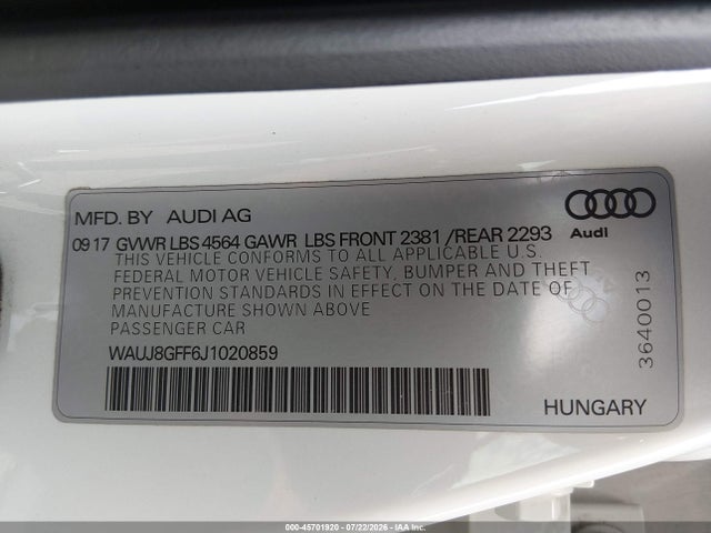 Продаж на аукціоні авто 2018 Audi A3 2.0t Premium/2.0t Tech Premium, vin: WAUJ8GFF6J1020859, номер лоту: 45701920