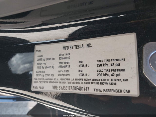 Tesla Model 3 Long Range/mid Range/standard Range/standard Range Plus 2019 5YJ3E1EA5KF401747 Image 9