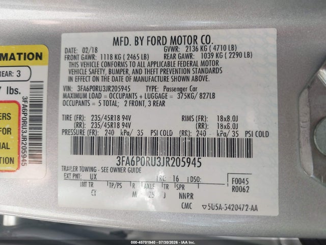 Ford Fusion Hybrid Titanium 2018 3FA6P0RU3JR205945 Image 9