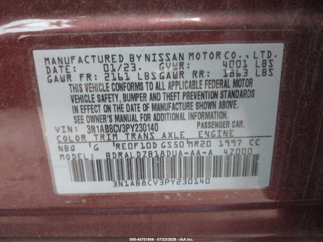 Aukcja sprzedaży 2023 Nissan Sentra Sv Xtronic Cvt, vin: 3N1AB8CV3PY230140, numer aukcji: 45701956