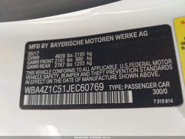 Aukcja sprzedaży 2018 Bmw 430i, vin: WBA4Z1C51JEC60769, numer aukcji: 45701962