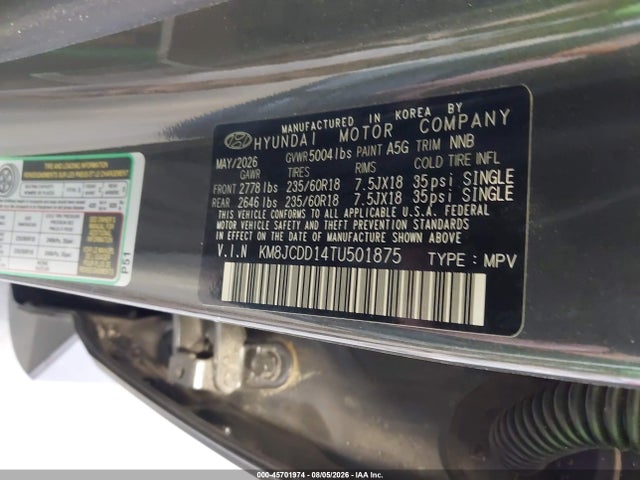 KM8JCDD14TU501875 Hyundai Tucson Hybrid Sel Convenience