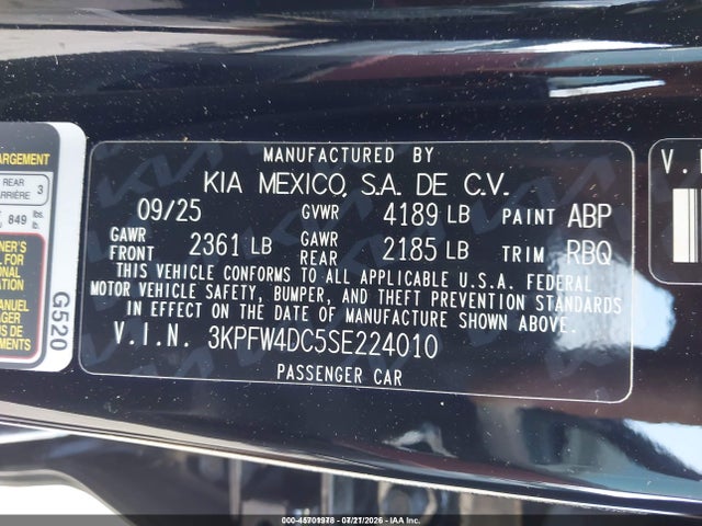2025 Kia K4 Gt-line Turbo მანქანა იყიდება აუქციონზე, vin: 3KPFW4DC5SE224010, აუქციონის ნომერი: 45701978