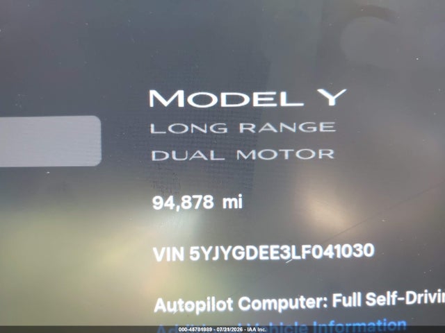 Aukcja sprzedaży 2020 Tesla Model Y Long Range Dual Motor All-wheel Drive, vin: 5YJYGDEE3LF041030, numer aukcji: 45701989