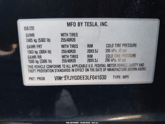Aukcja sprzedaży 2020 Tesla Model Y Long Range Dual Motor All-wheel Drive, vin: 5YJYGDEE3LF041030, numer aukcji: 45701989