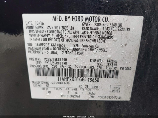 Ford TAURUS SE 2016 1FAHP2D81GG148658 Image 9