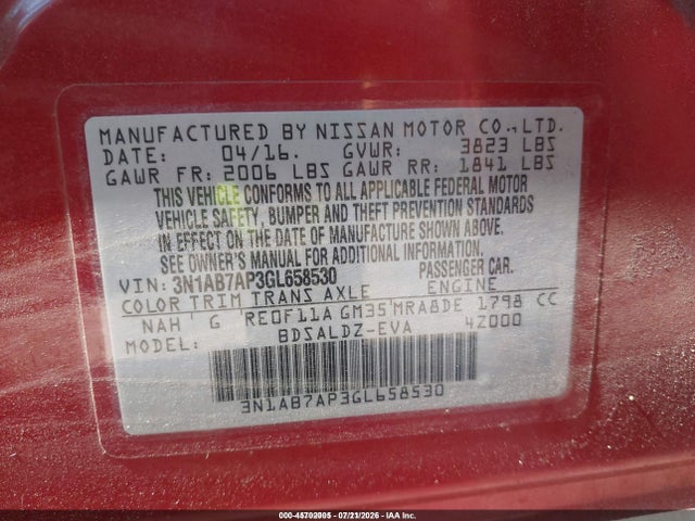 Продажа на аукционе авто 2016 Nissan Sentra Fe+ S/s/sl/sr/sv, vin: 3N1AB7AP3GL658530, номер лота: 45702005