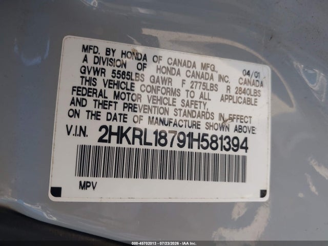 45702013 :رقم المزاد ، 2HKRL18791H581394 vin ، 2001 Honda Odyssey Ex مزاد بيع