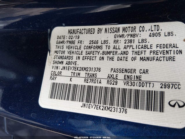 45702026 :رقم المزاد ، JN1EV7EK2KM231376 vin ، 2019 Infiniti Q60 3.0t Luxe مزاد بيع