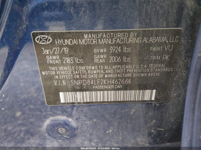Aukcja sprzedaży 2019 Hyundai Elantra Sel, vin: 5NPD84LF2KH462664, numer aukcji: 45702028