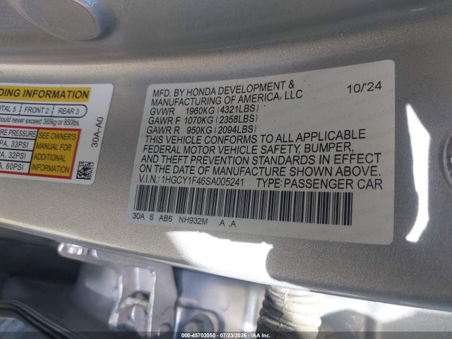 45702050 :رقم المزاد ، 1HGCY1F46SA005241 vin ، 2025 Honda Accord Se مزاد بيع