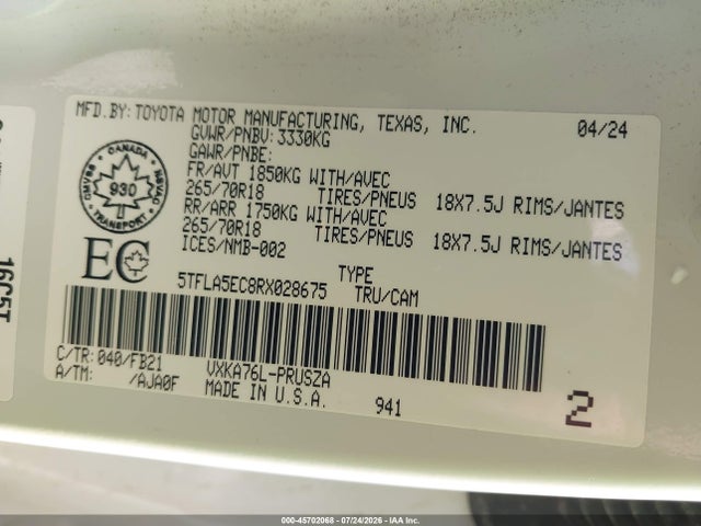Toyota Tundra Sr5 4x4 2024 5TFLA5EC8RX028675 Image 9