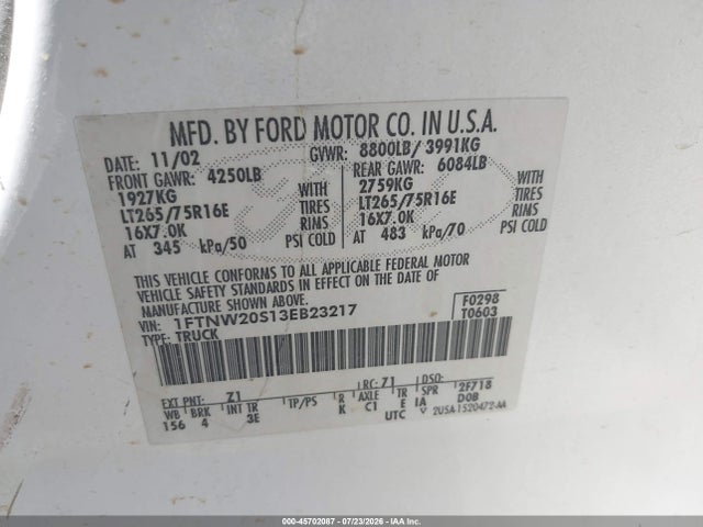 45702087 :رقم المزاد ، 1FTNW20S13EB23217 vin ، 2003 Ford F-250 مزاد بيع
