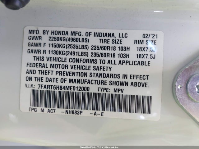 7FART6H84ME012000 Honda Cr-v Hybrid Ex-l