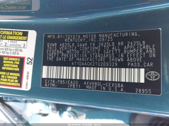45702104 :رقم المزاد ، 4T1DAACK2TU209329 vin ، 2026 Toyota Camry Se مزاد بيع