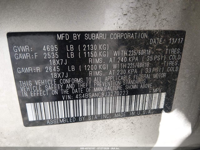 2018 Subaru Outback 2.5i Limited მანქანა იყიდება აუქციონზე, vin: 4S4BSANC9J3270223, აუქციონის ნომერი: 45702107