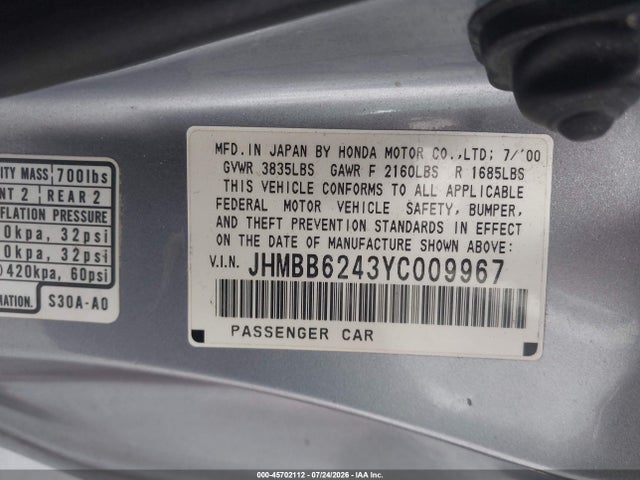 45702112 :رقم المزاد ، JHMBB6243YC009967 vin ، 2000 Honda Prelude مزاد بيع