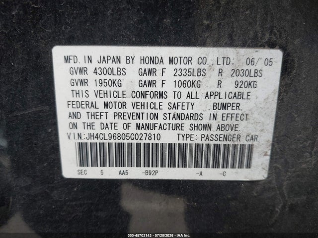 45702143 :رقم المزاد ، JH4CL96805C027810 vin ، 2005 Acura Tsx مزاد بيع