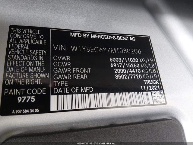 45702150 :رقم المزاد ، W1Y8EC6Y7MT080206 vin ، 2021 Mercedes-benz Sprinter 3500xd High Roof V6 مزاد بيع